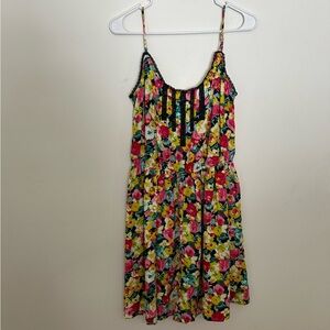 Betsy Johnson Slip Style Mini Dress Multicolor Floral Print Black Lace Trim Sz 8